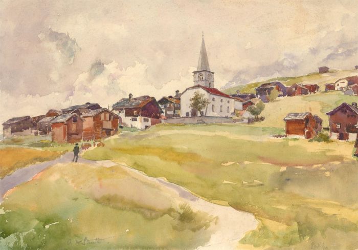 Alfred William Strutt (1856-1924) - Signed Watercolour, Alpine Village Scene