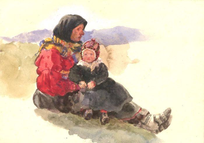 Alfred William Strutt (1856-1924) - Signed Watercolour, Norwegian Mother & Child