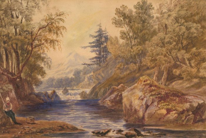 19th Century Watercolour - Fisherman in a Landscape