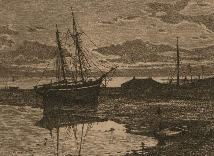 Robert Currie (fl.1880-1885) - 1897 Etching, Ship Moored in Low Tide