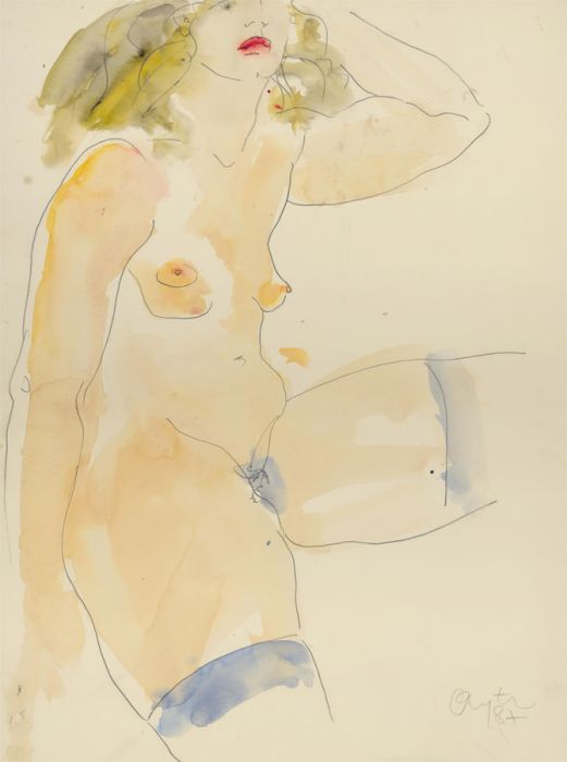 Inge Clayton FRSA (1942-2010) - Signed 1987 Watercolour, Nude in Stockings