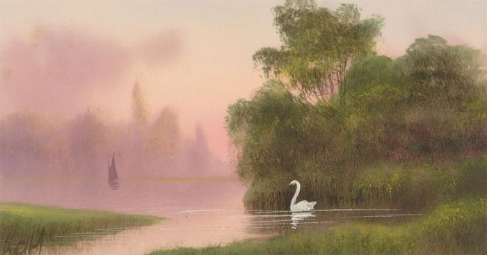 Fred Stafford (fl.1890-1910) - Late 19th Century Gouache, Evening Lake with Swan