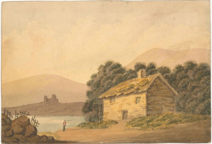 19th Century Watercolour - Cottage and Figure Beside a Lake