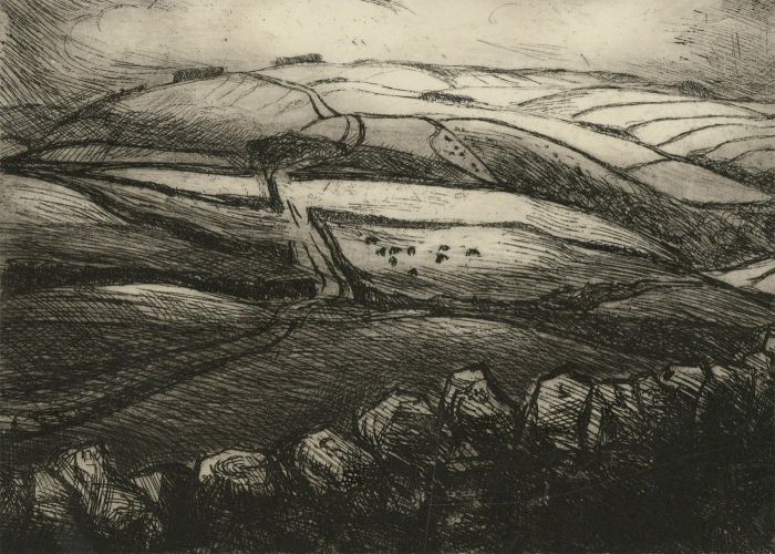 H. Cadwell - 1980 Etching, Pastoral Landscape