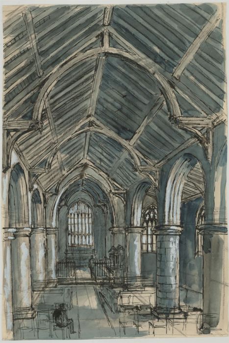 Tom White - 20th Century Pen and Ink Drawing, Church Interior with Figure