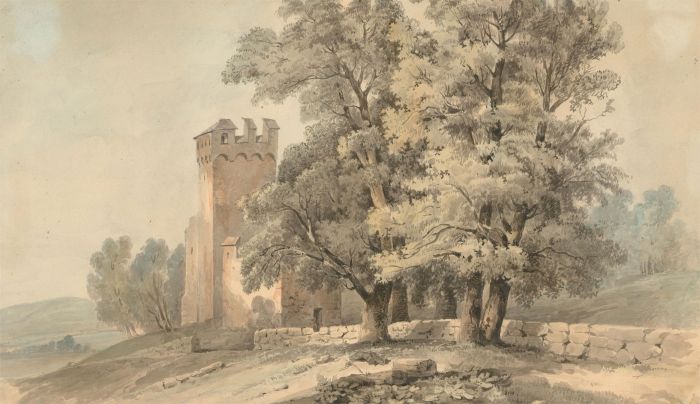 Joseph Sichingen - 1852 Watercolour, Continental Fortified House in a Landscape
