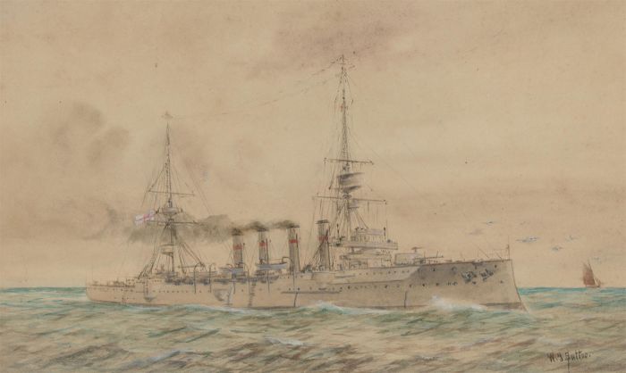 W.J. Sutton - 20th Century Watercolour, Large Military Vessel at Sea