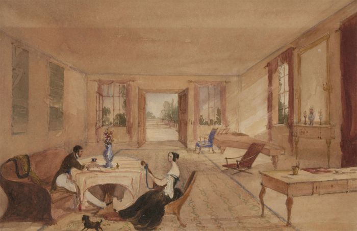 Lady Norreys (1816-1858) - 1837 Watercolour, Interior of a Victorian Parlour