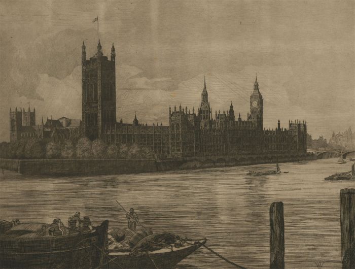 Wilfrid Huggins (b.1873) - Signed 1910 Etching, Westminster from Lambeth Pier