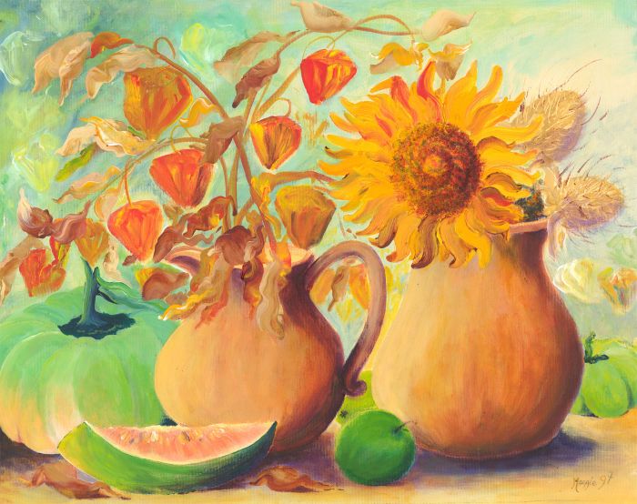 Maggie Davis - 1997 Acrylic, Vibrant Still Life, Sunflowers and Fruit