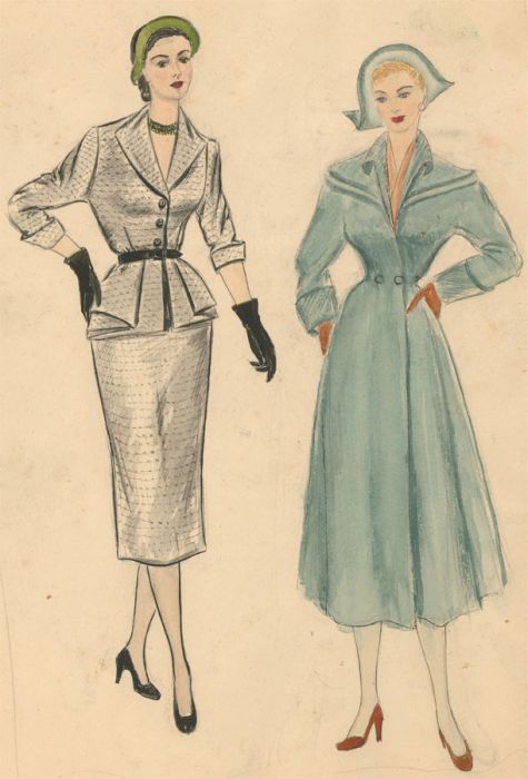 Renee Young - 20th Century Watercolour, 50's Fashion Design, Outerwear