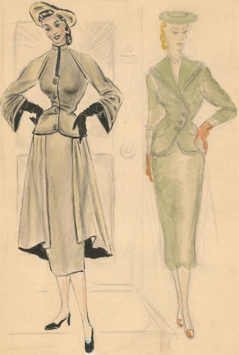 Renee Young - 20th Century Watercolour, 50's Fashion Design, Suits