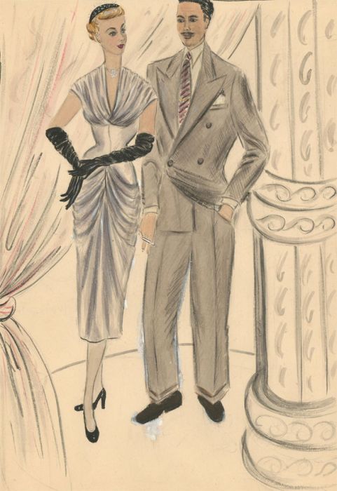 Renee Young - 20th Century Watercolour, 50's Fashion Design, Smart Couple