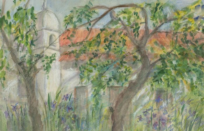 Renee Young - 20th Century Watercolour, Vibrant Landscape with Building
