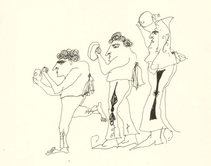 Antonis Kyriakoulis (b.1938) - Pen and Ink Drawing, Three Men with Mirrors