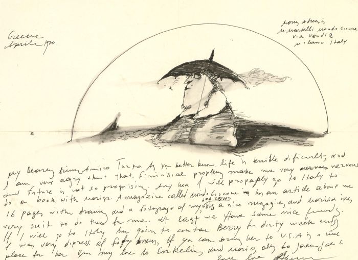 Antonis Kyriakoulis (b.1938) - 1970 Pen and Ink Drawing, Woman in the Rain