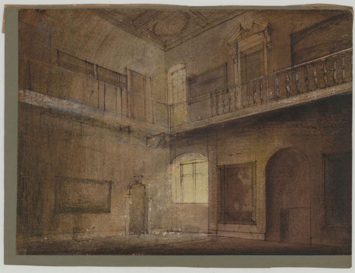 20th Century Pen and Ink Drawing - Atmospheric Interior, Grand Hall
