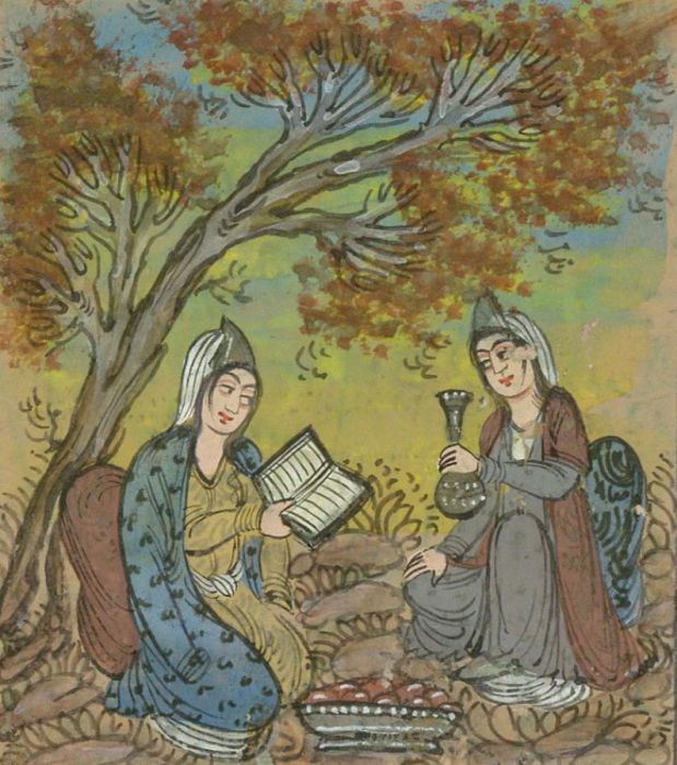 Indian Miniatures - Late 19th Century Gouache, Women Reading in a Landscape