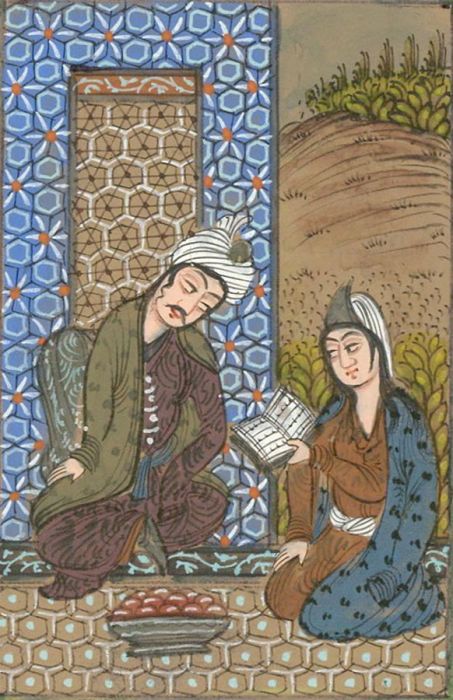 Indian Miniatures - Late 19th Century Gouache, The Couple Reading