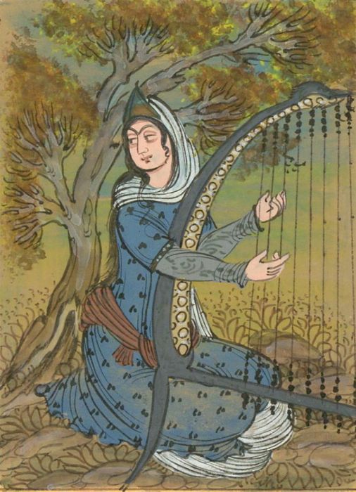 Indian Miniatures - Late 19th Century Gouache, The Harpist
