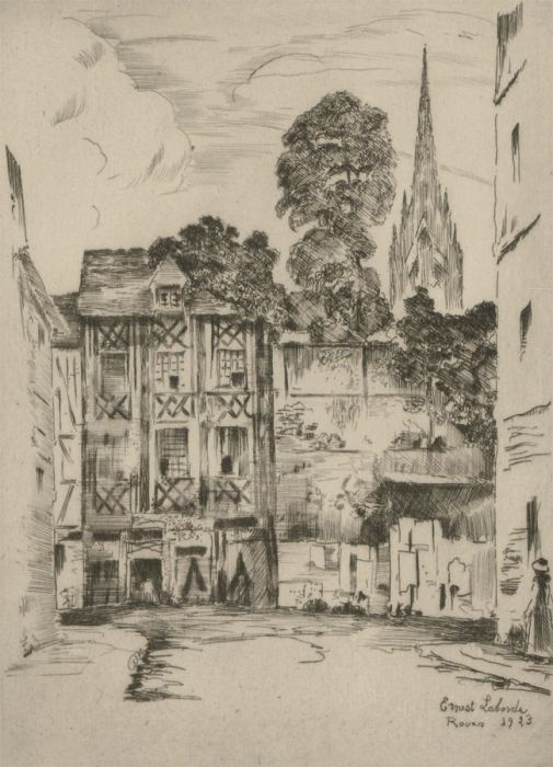 Ernest Laborde (b.1870) - Signed 1923 Etching, Street View, Rouen