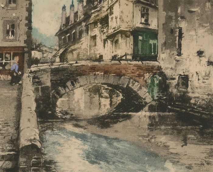 Mid 20th Century Aquatint - Urban Canal Scene