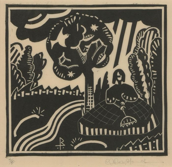 C.G. Bradford - Mid 20th Century Woodblock, Young Lady in a Garden