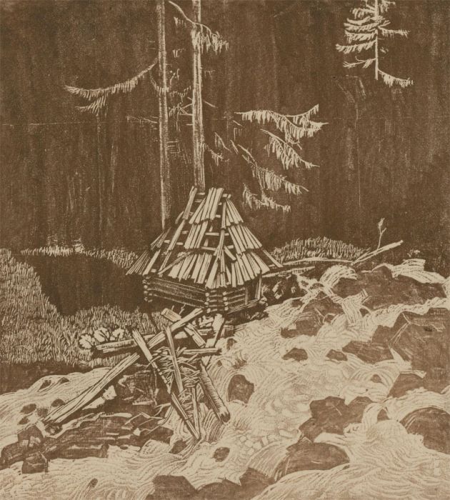 Bernard Rice (1900-1998) - Mid 20th Century Woodcut, Forest Scene with a Hut