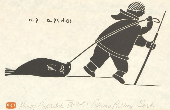 Henry Napartuk  (1932-1985) - 20th Century Woodblock, Eskimo Pulling Seal