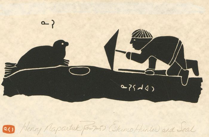 Henry Napartuk  (1932-1985) - 20th Century Woodblock, Eskimo Hunter and Seal