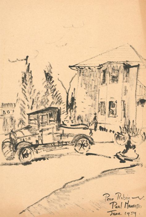 Paul Manousso - 1959 India Ink, Street Scene with Car