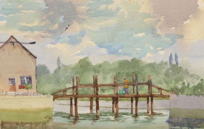 Harry Herbert - Signed 1998 Watercolour, Riverscape with Wood Bridge