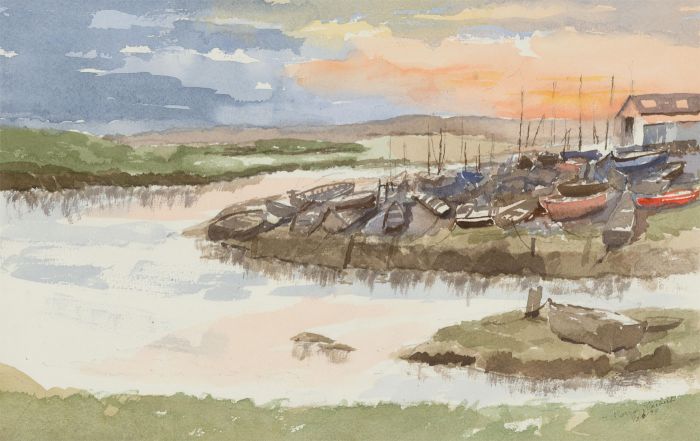 Harry Herbert - Signed 1999 Watercolour, Rowing Boats at Sunset