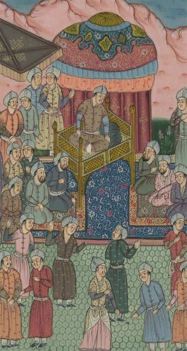 Mid 20th Century Gouache - Mughal Court Scene on Silk