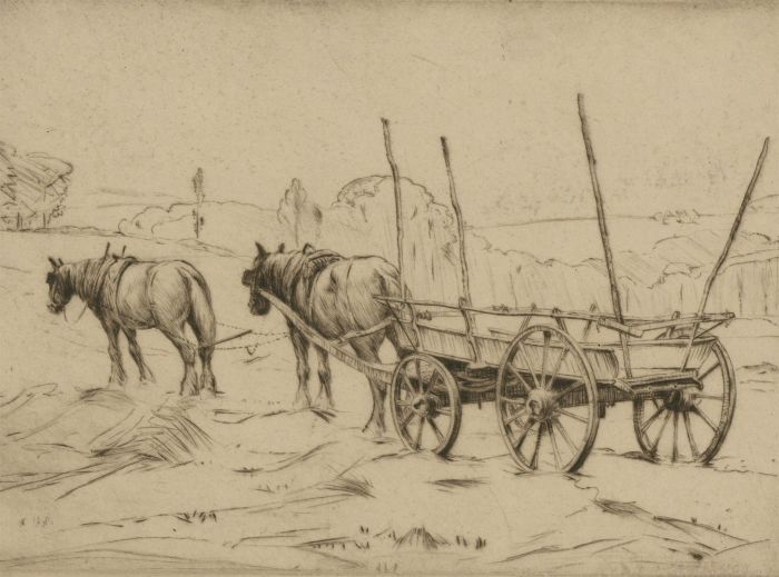 Early 20th Century Etching - Horses with Hay Cart