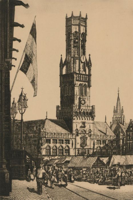 James P. Power (fl.1920-1944) - Early 20th Century Engraving, The Belfry, Bruges