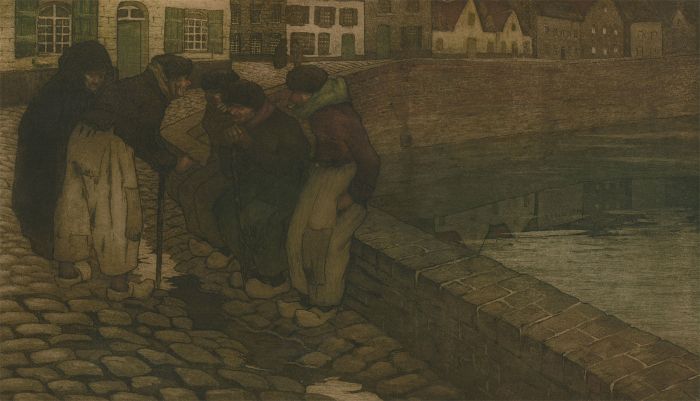 Early 20th Century Etching - Dutch Street Scene, Figures by a Bridge