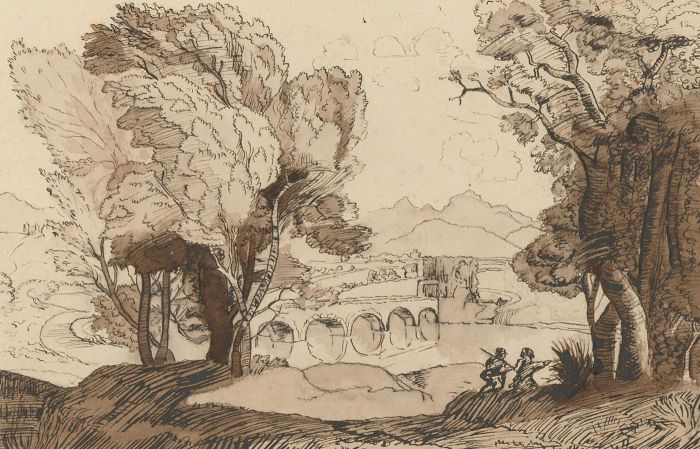 Mid 19th Century Pen and Ink Drawing - Classical Landscape with River