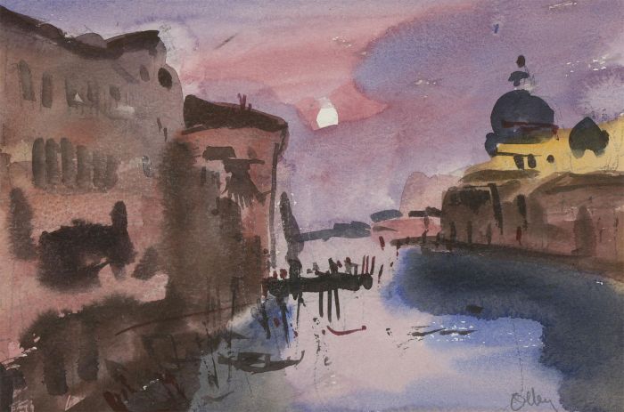Ronald Olley (b.1923) - c. 2000 Watercolour, Grand Canal by Moonlight, Venice