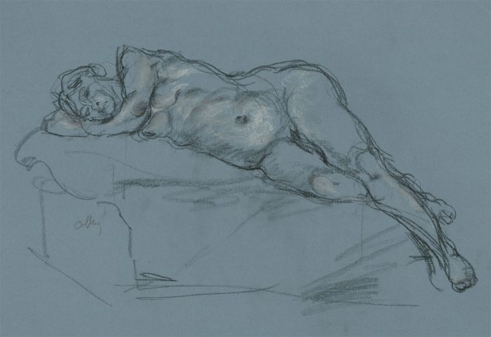 Ronald Olley (b.1923) - Signed c. 2000 Charcoal Drawing, Reclining Female Nude