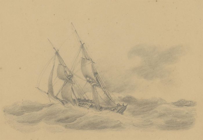 Late 19th Century Graphite Drawing - Sailing Ship Study