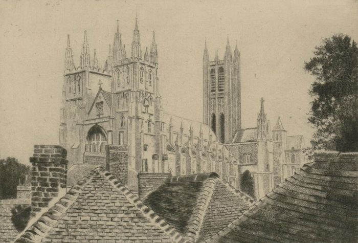 Donald Crawford- Mid 20th Century Drypoint Etching, The Towers of Canterbury