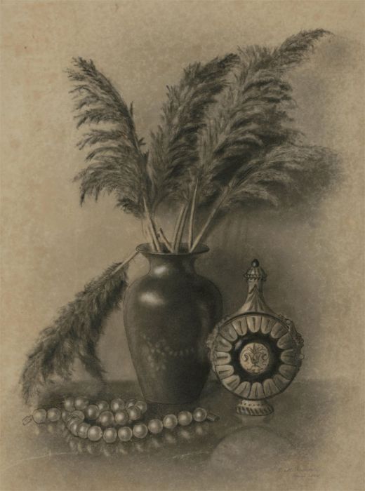 S.H. Cardwell - 1888 Charcoal Drawing, Still Life with Feathers and Pearls