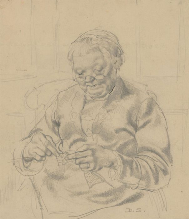 D.S. - Mid 20th Century Graphite Drawing, Portrait of an Old Lady Knitting
