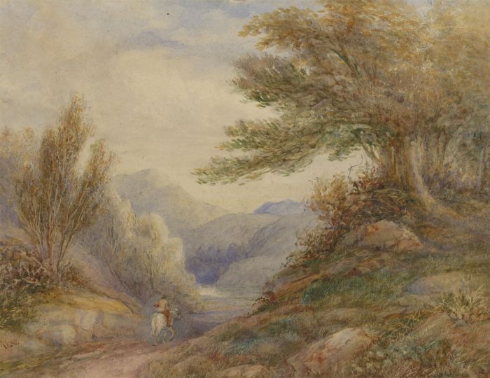 J.B - 1880 Watercolour, Figure on Horseback in a Landscape