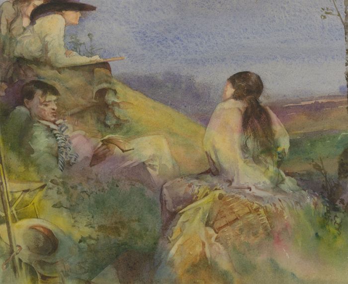 Orlando Greenwood RBA (1892-1989) - Signed 1915 Watercolour, Figures Drawing