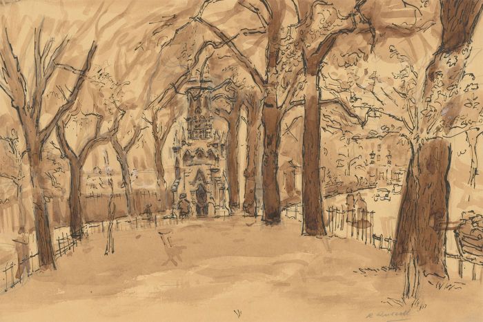 R. Russell - Mid 20th Century Pen and Ink Drawing, City Centre Park