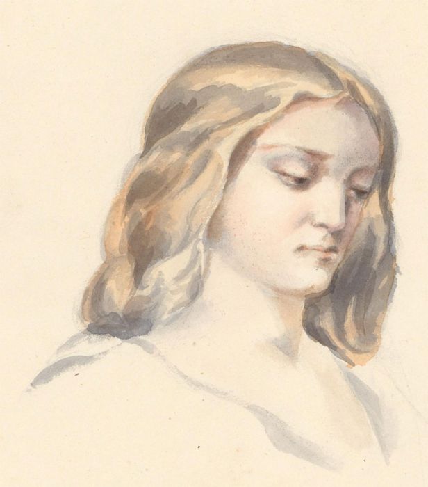 Mid 20th Century Watercolour - Lady with Wavy Hair
