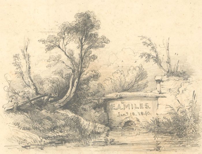 E.A. Miles - 1840 Graphite Drawing, Stream by the Woods