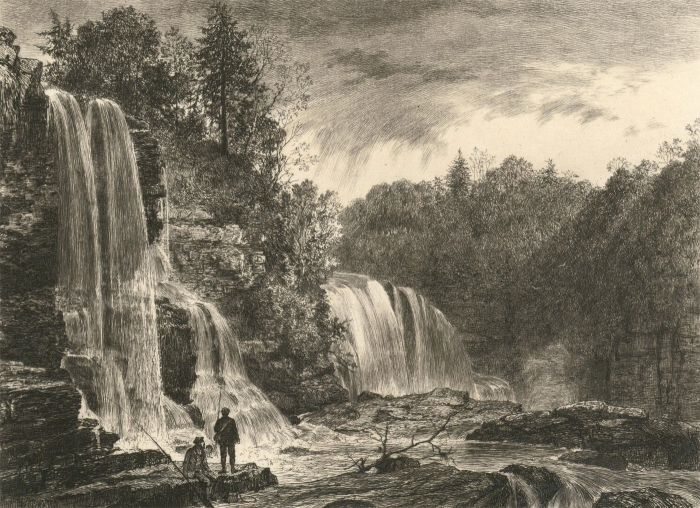 Late 19th Century Etching - Fishing by Waterfalls